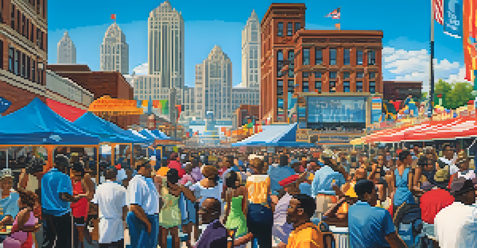 A colorful and lively scene of the Detroit Jazz Festival with a diverse crowd, stages, and the Detroit skyline in the background.