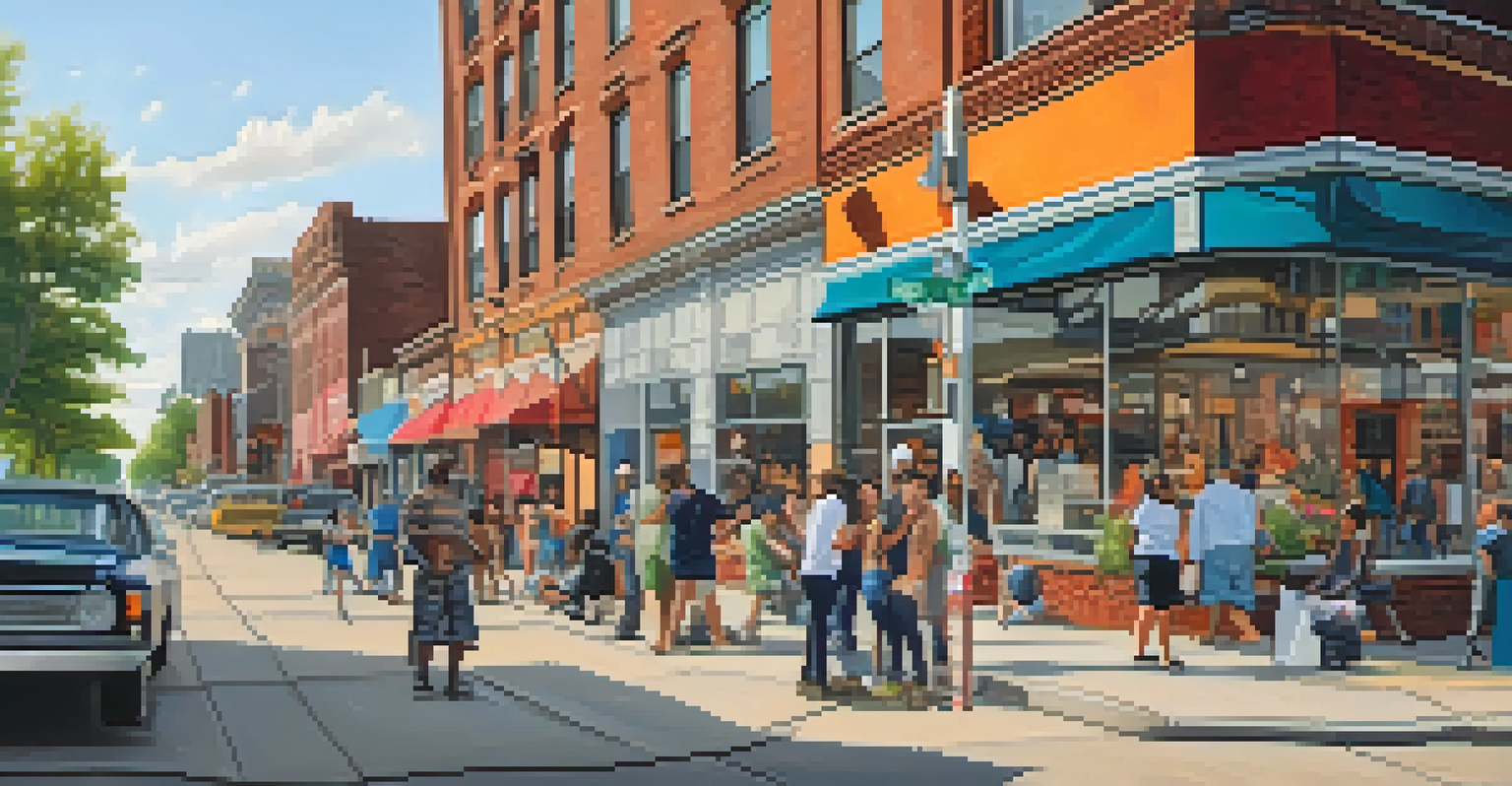 A panoramic view of Midtown Detroit showcasing a blend of modern and historical architecture with people enjoying the arts district in soft afternoon light.