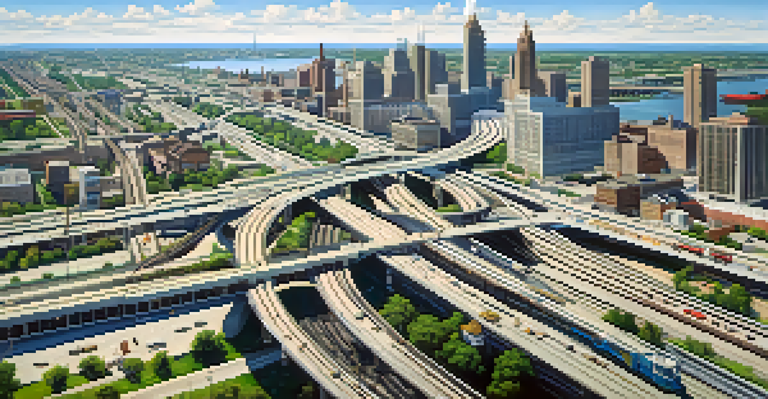 An aerial view of Detroit's transportation network, including highways and railroads, under a clear blue sky.