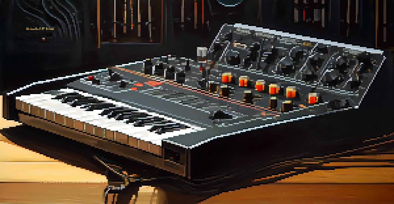Close-up of a Roland TR-808 drum machine and TB-303 bass synthesizer on a table, with vinyl records and notes around, beautifully lit to show details.
