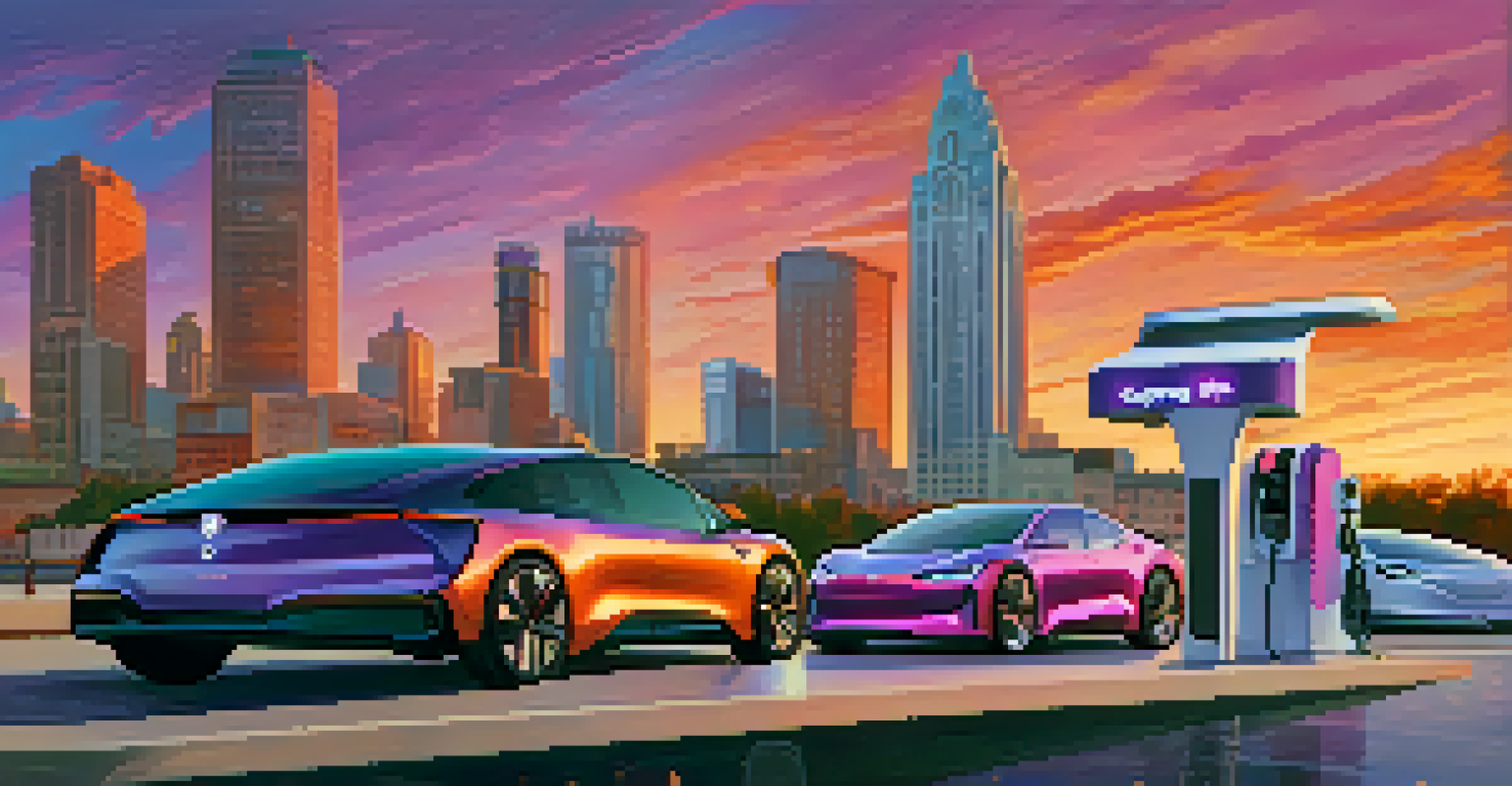 A modern Detroit skyline at sunset, with electric vehicles charging at a futuristic station in the foreground.