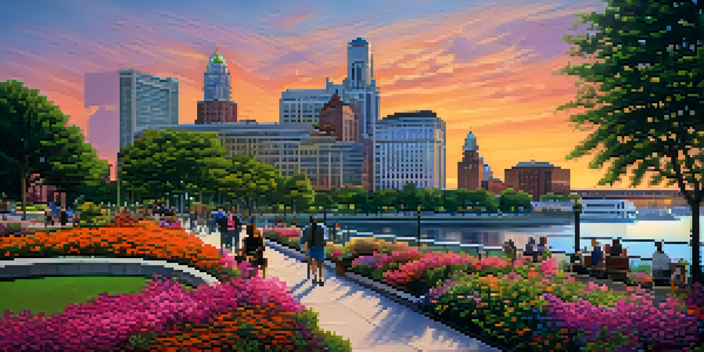 A scenic sunset view of the Detroit Riverwalk with colorful skies and people walking along the path.