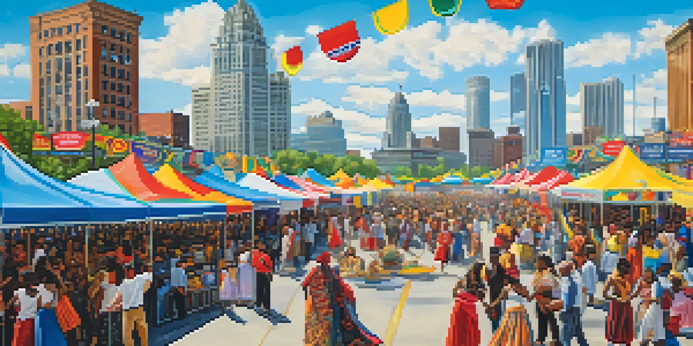 A lively festival in Detroit with various cultural performances, colorful banners, and a diverse crowd enjoying the event with the city skyline in the background.