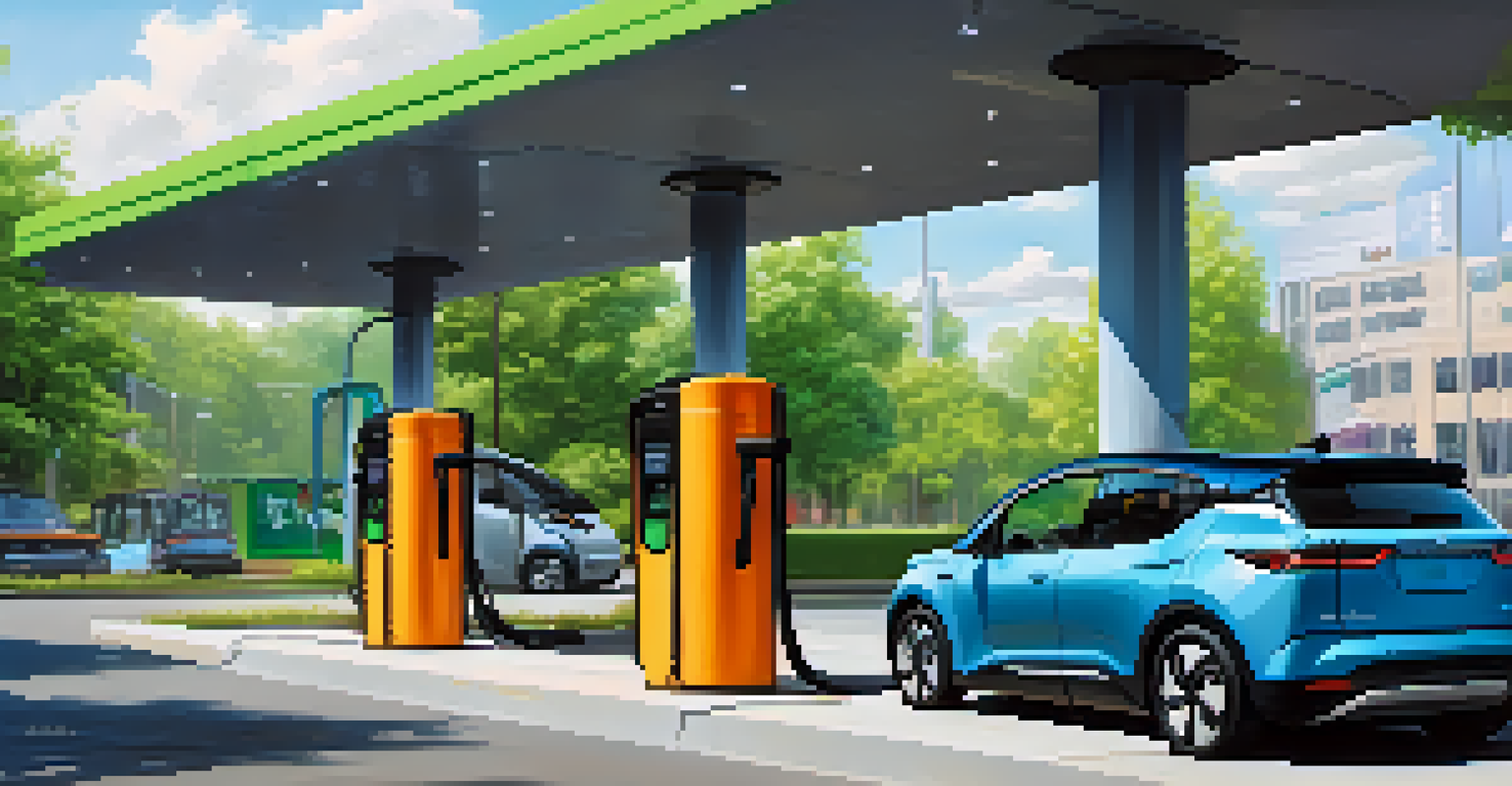 A modern electric vehicle charging station in an urban setting with greenery and art.