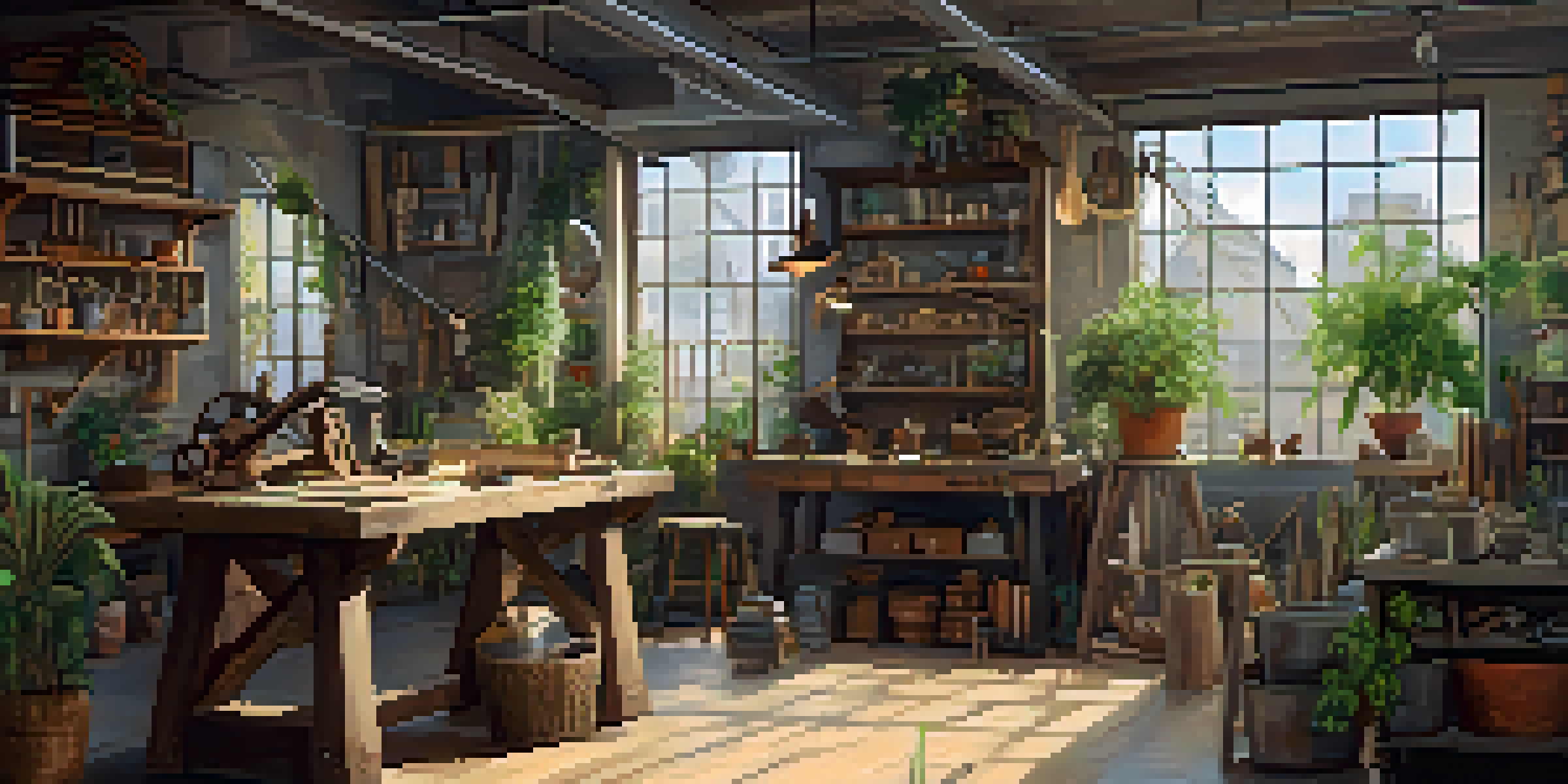 An artisan workshop filled with tools and colorful fabrics, showcasing an inviting atmosphere of creativity.