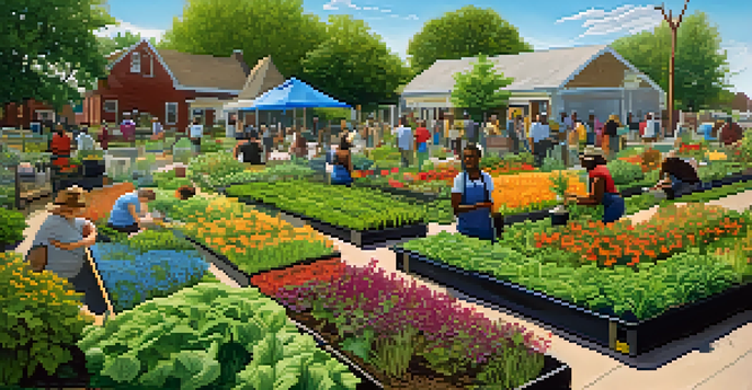 A community garden in Detroit with diverse residents gardening together under a sunny sky.