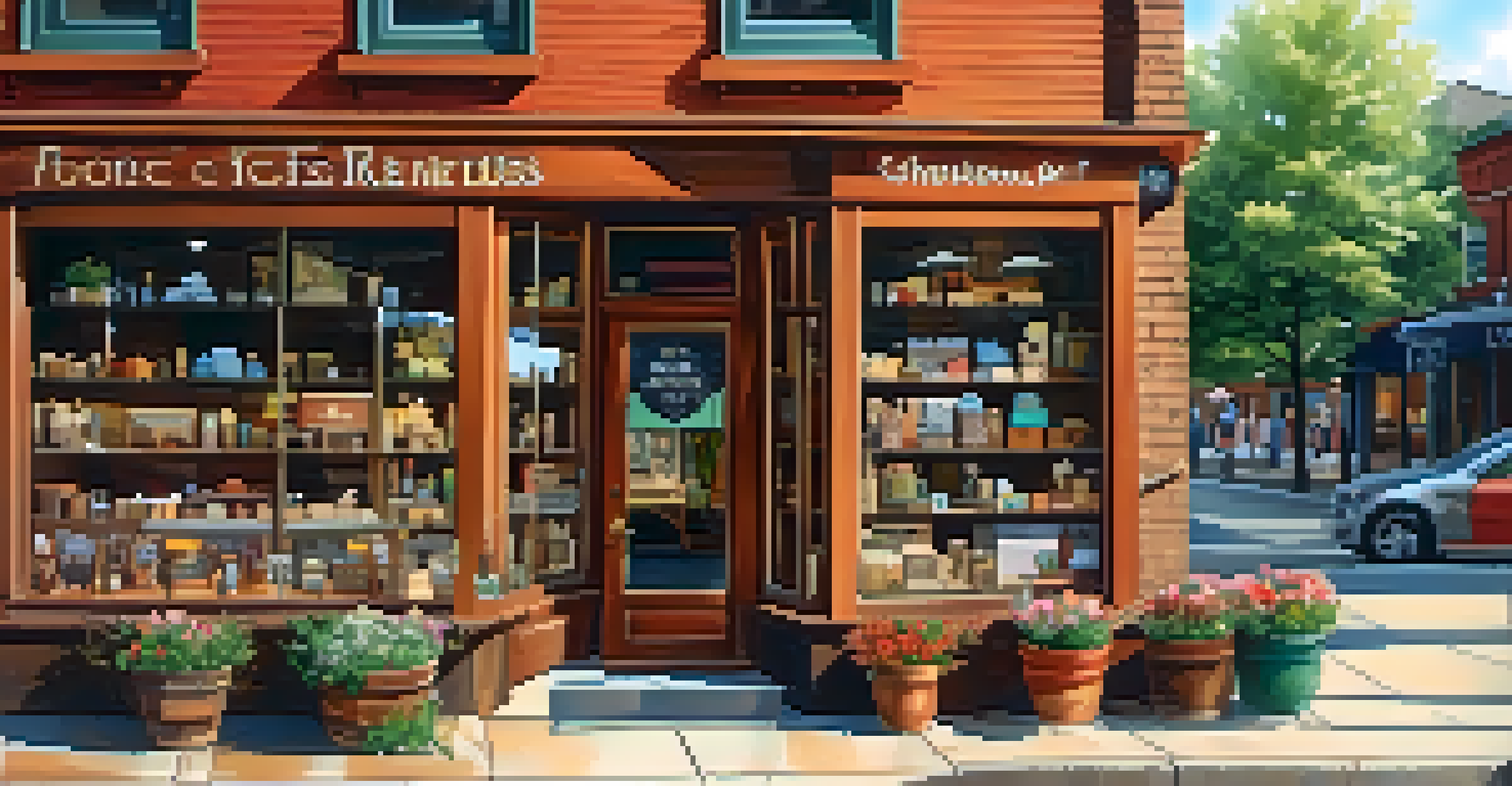 A close-up of a small local shop with handmade crafts, rustic wooden elements, and vibrant flowers, reflecting the bustling street outside in the window.