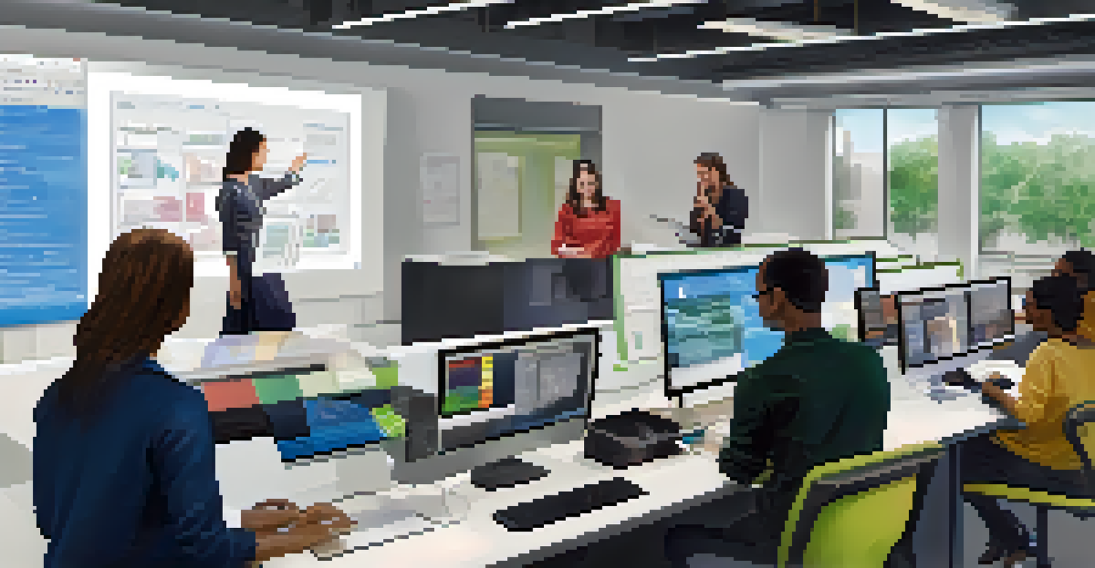 A fashion instructor teaching students in a modern computer lab, with a large screen displaying design software and students engaged in learning.
