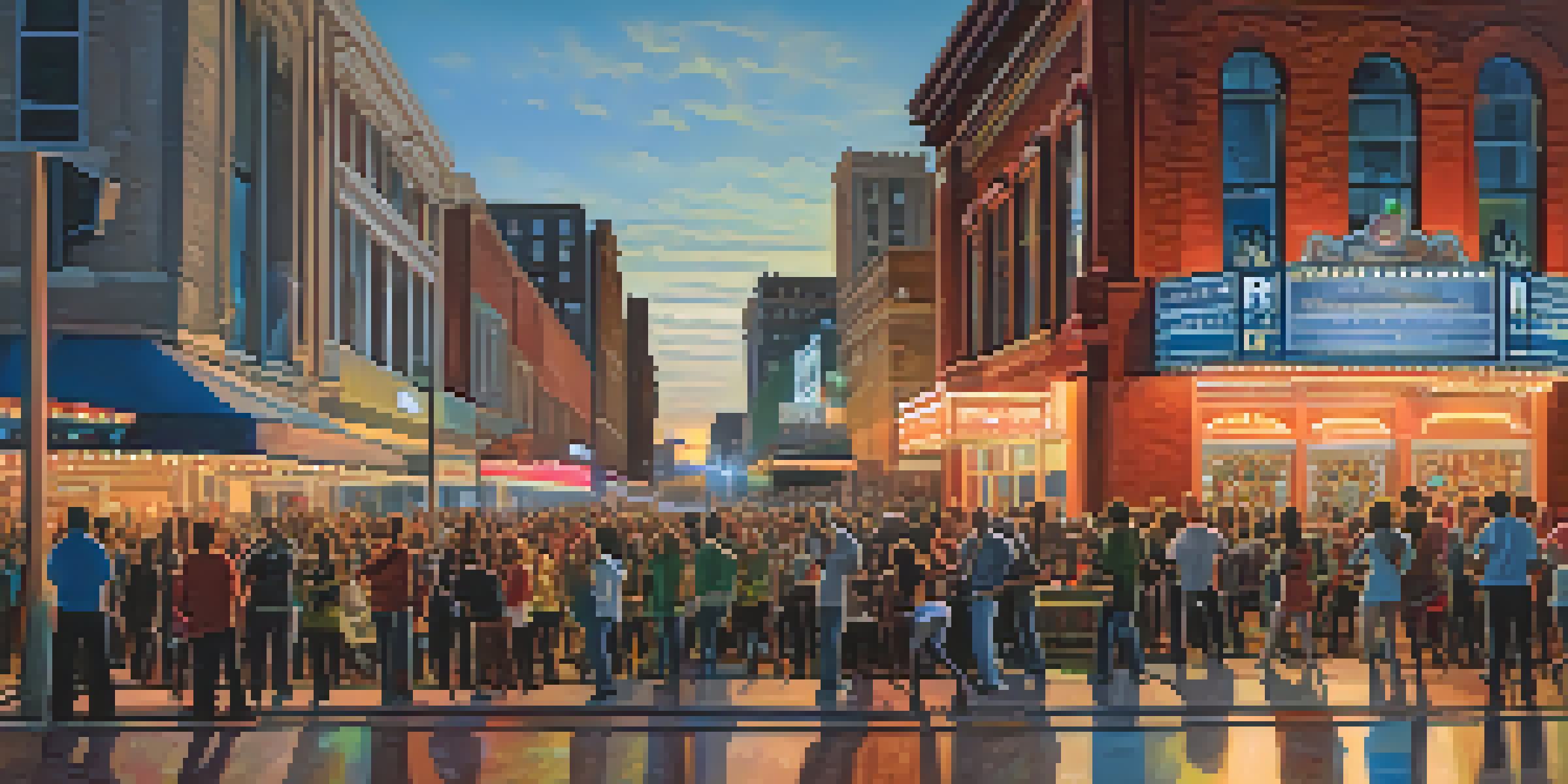 A lively street scene in Detroit with a diverse crowd enjoying a live music performance outside a historic venue, surrounded by colorful lights and the city's architecture.