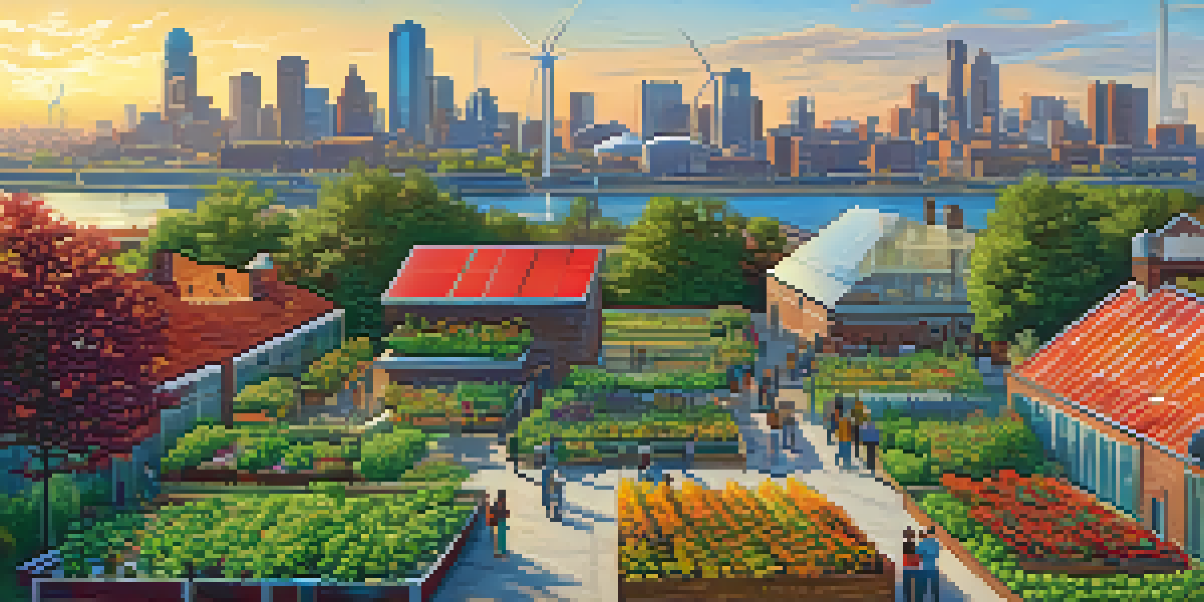 A panoramic view of Detroit's skyline with solar panels and wind turbines, illuminated by golden hour sunlight, and community gardens in the foreground.