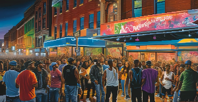 A lively street performance in Detroit with hip-hop artists and an engaged crowd, surrounded by colorful lights and graffiti art.