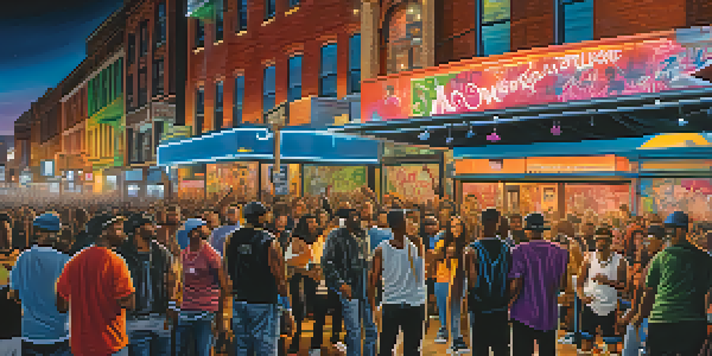 A lively street performance in Detroit with hip-hop artists and an engaged crowd, surrounded by colorful lights and graffiti art.