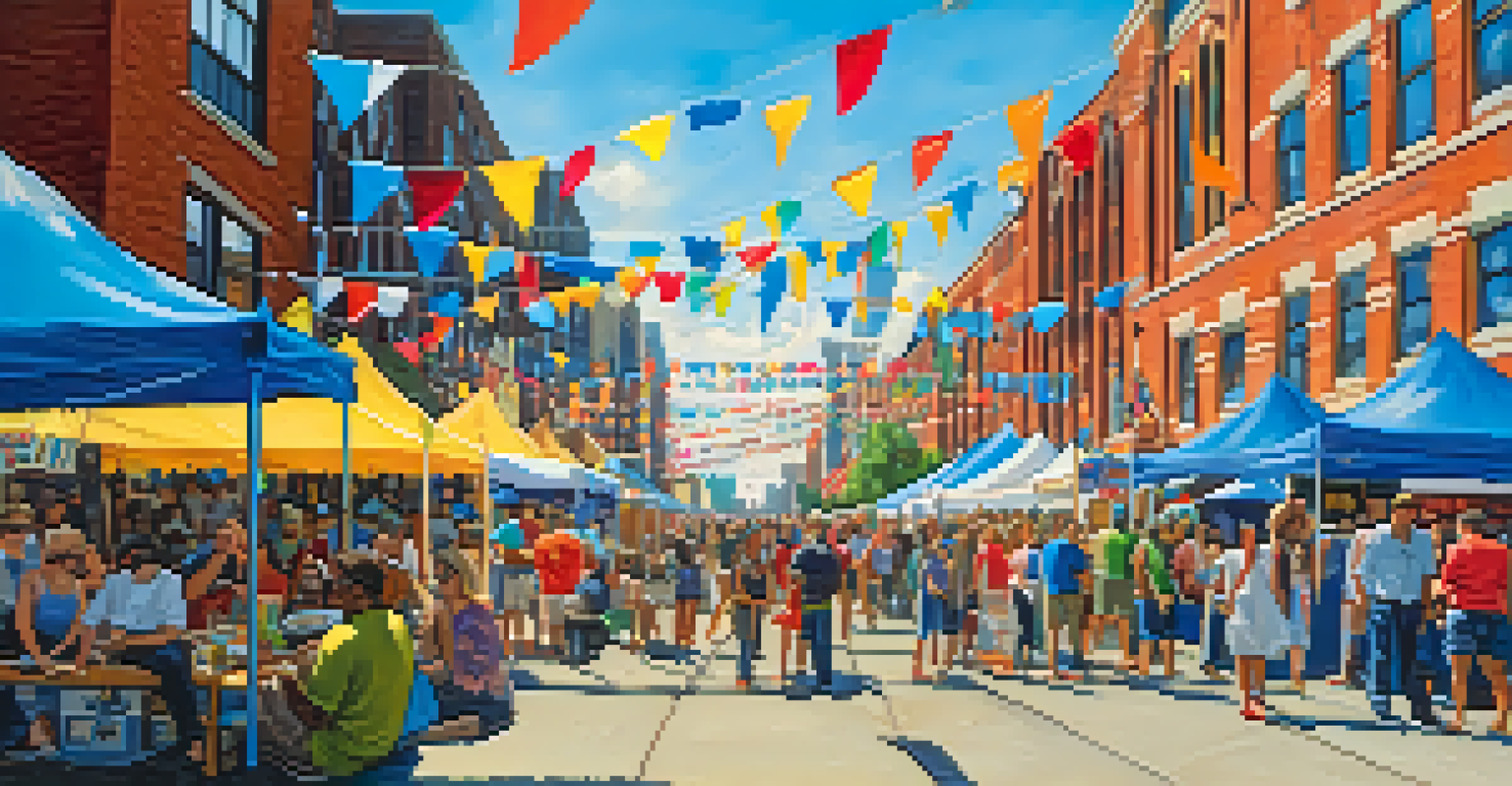 An outdoor art festival in Detroit with booths of local artists, colorful banners, and people enjoying music and activities under a bright blue sky.