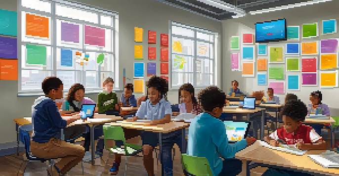 A diverse group of students in a bright classroom using tablets and digital screens, working together on a project.