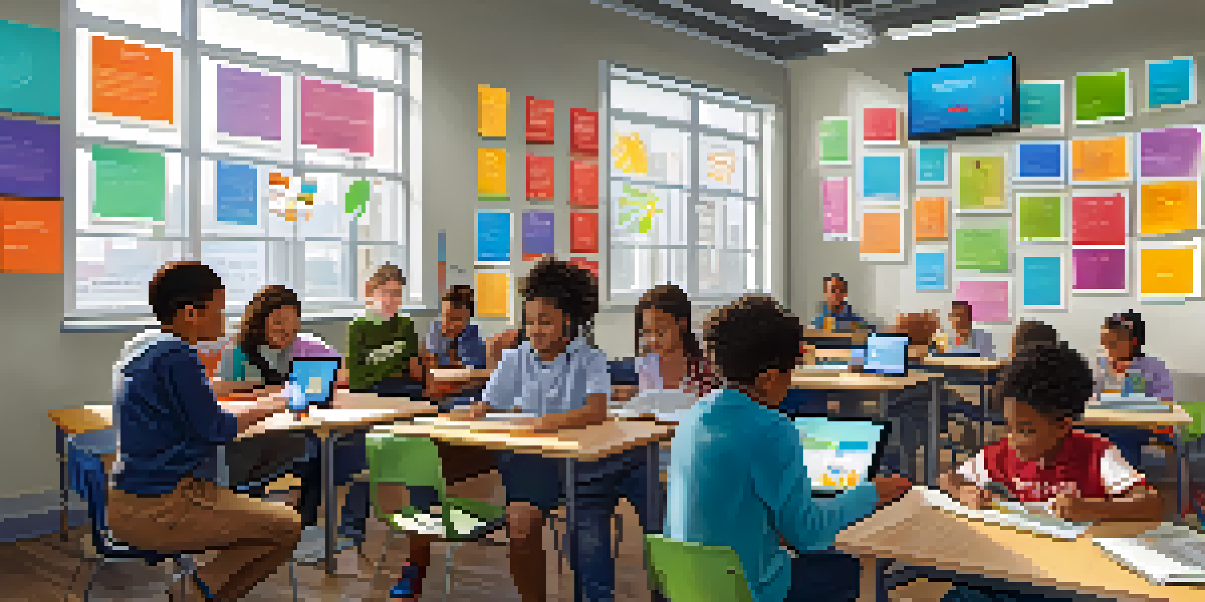 A diverse group of students in a bright classroom using tablets and digital screens, working together on a project.