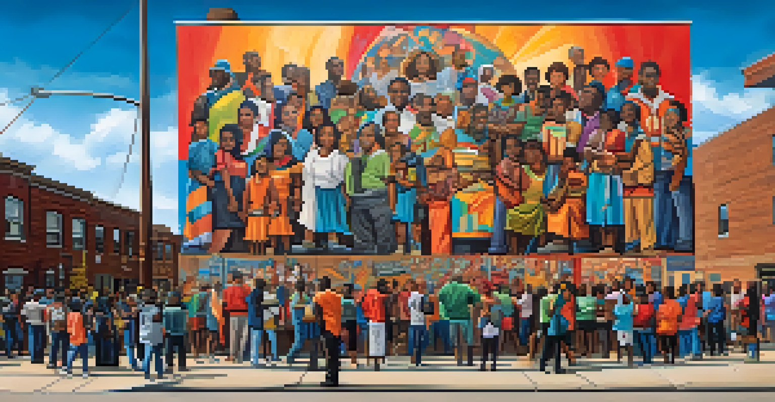 A colorful mural in Detroit depicting social justice themes, with diverse figures and symbols of hope, viewed by people in an urban street.