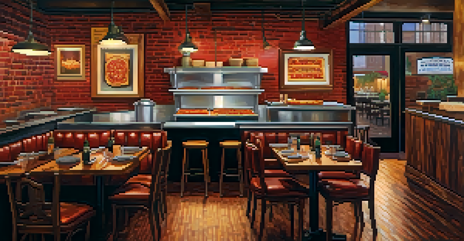 A rustic restaurant interior in Detroit where a chef prepares Detroit-style pizza, with warm lighting and artistic decor.