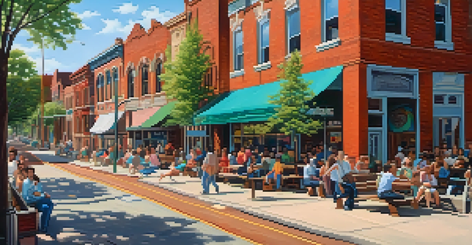 A lively urban scene in Detroit with a mix of historic and modern buildings, colorful murals, and people enjoying the community.