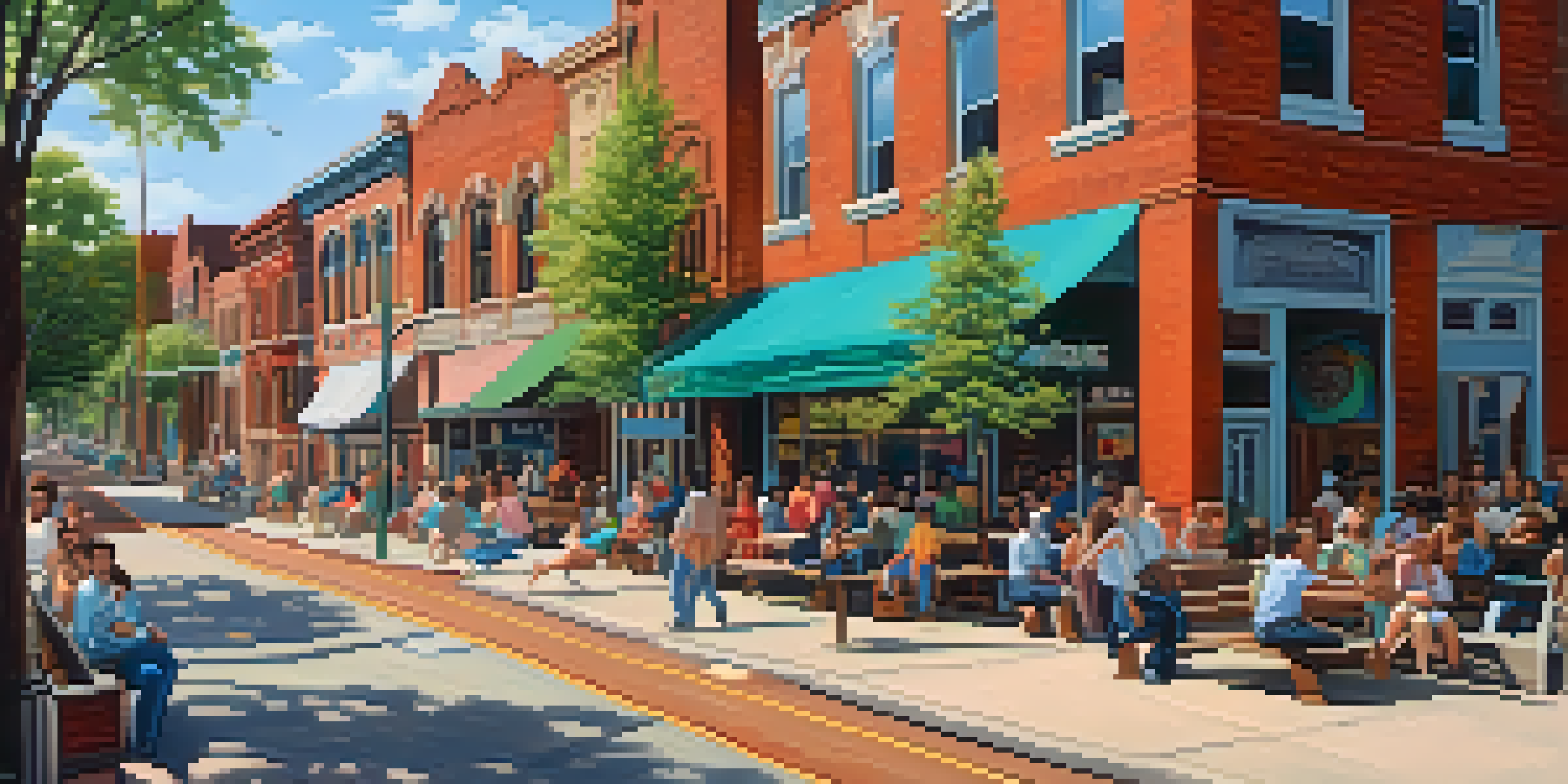 A lively urban scene in Detroit with a mix of historic and modern buildings, colorful murals, and people enjoying the community.