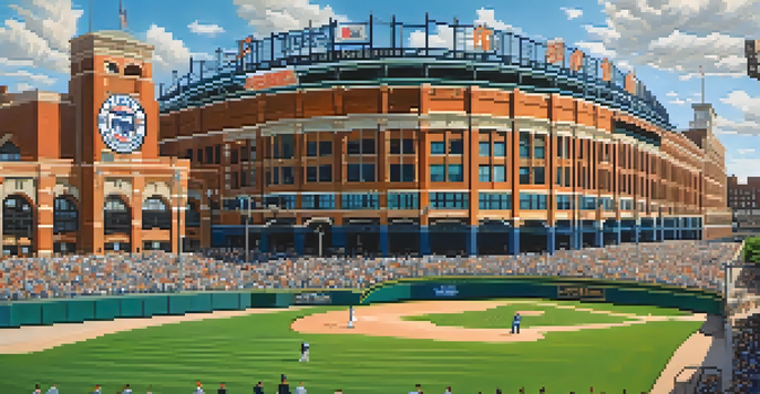 A sunny day at Comerica Park with fans in Detroit Tigers gear entering the stadium, and a tiger statue in the foreground.