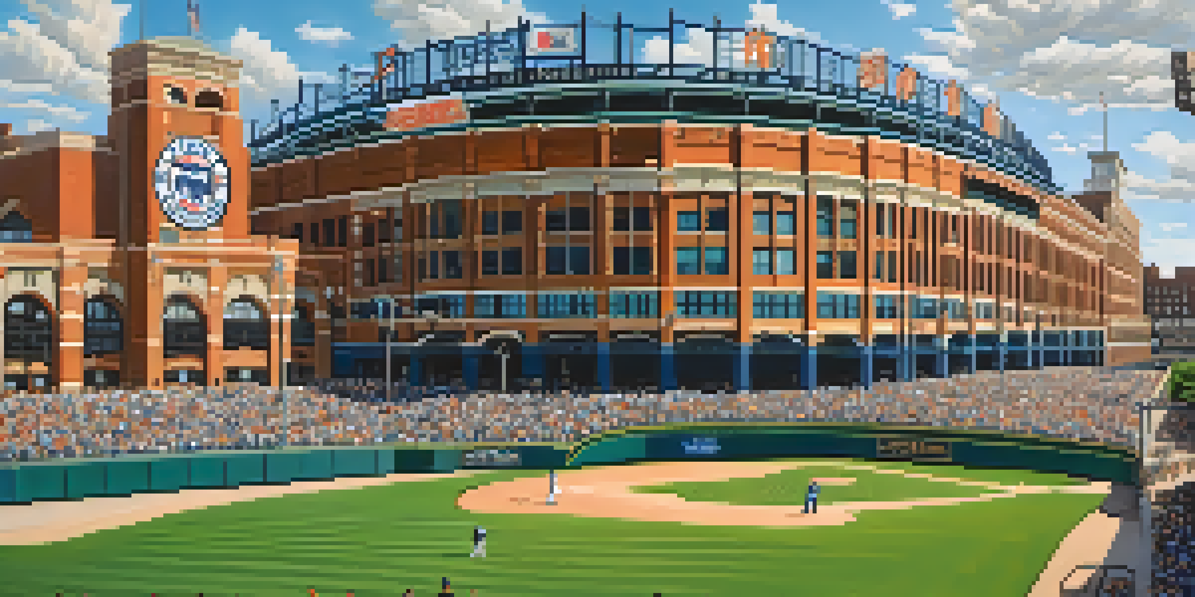 A sunny day at Comerica Park with fans in Detroit Tigers gear entering the stadium, and a tiger statue in the foreground.