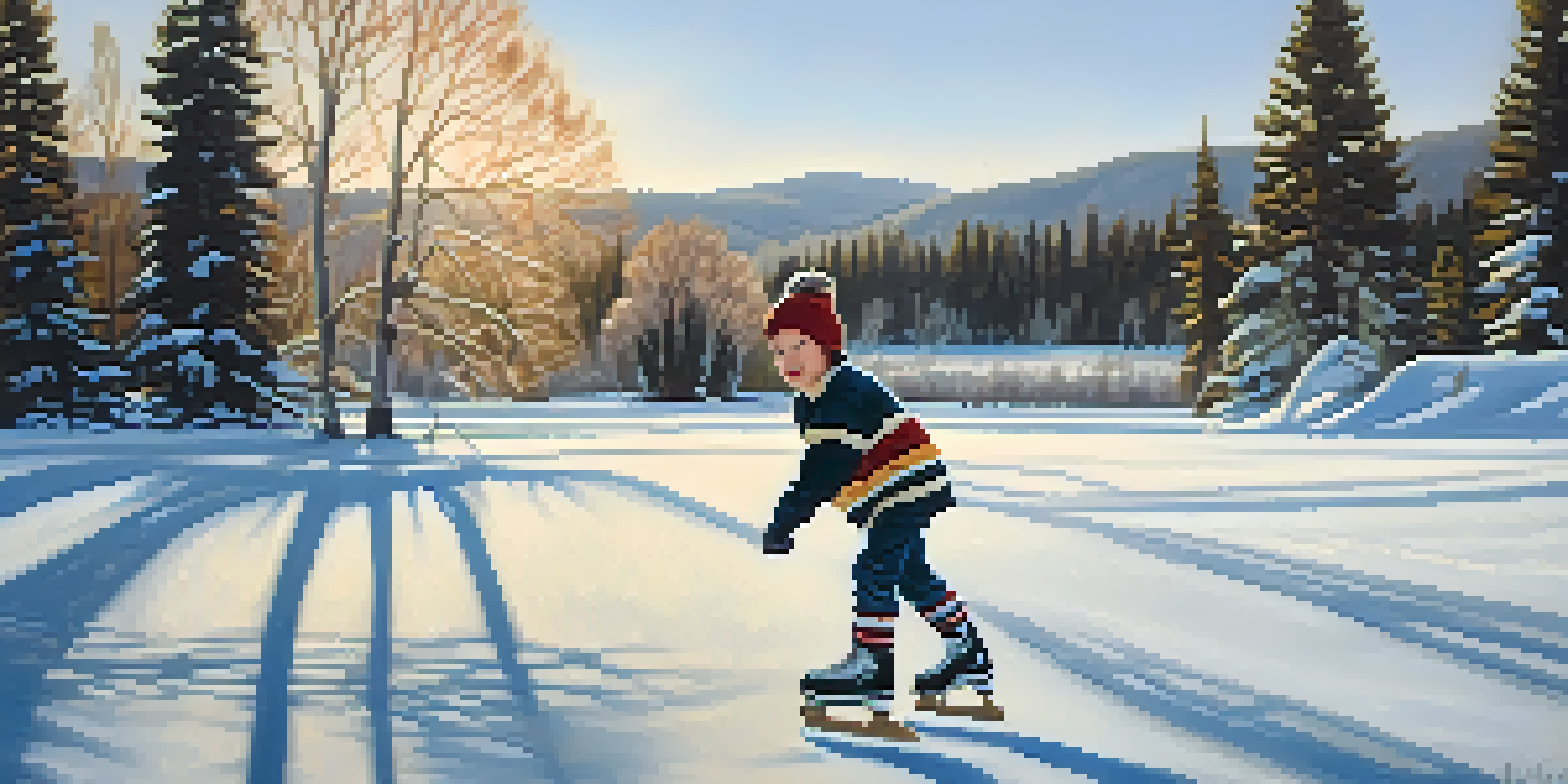 A young boy skating on a frozen pond in a snowy landscape, wearing a vintage hockey jersey, with sunlight shining through the trees.