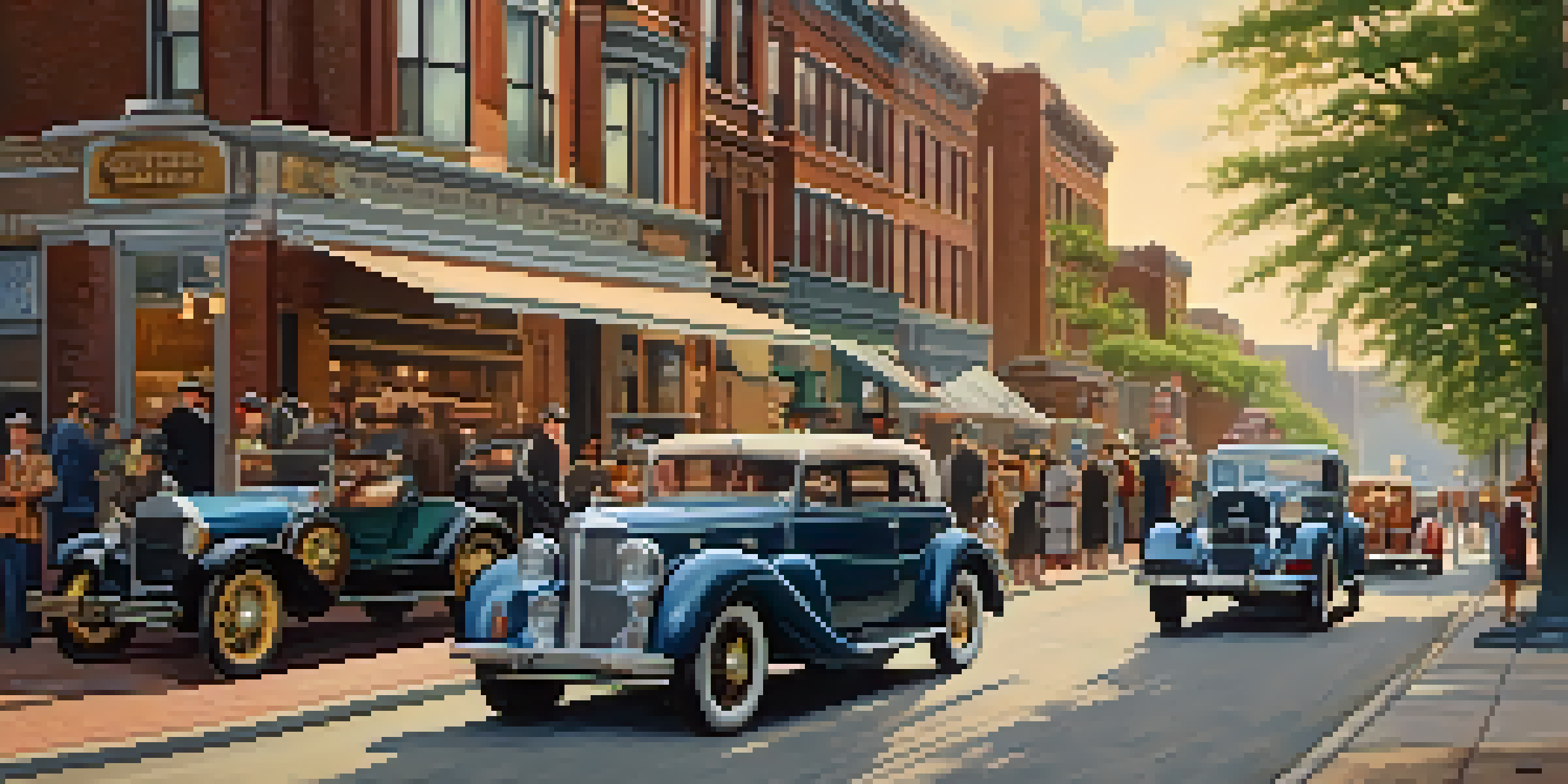 A historical street scene in early 20th-century Detroit with vintage cars, pedestrians, and period storefronts bathed in warm afternoon sunlight.