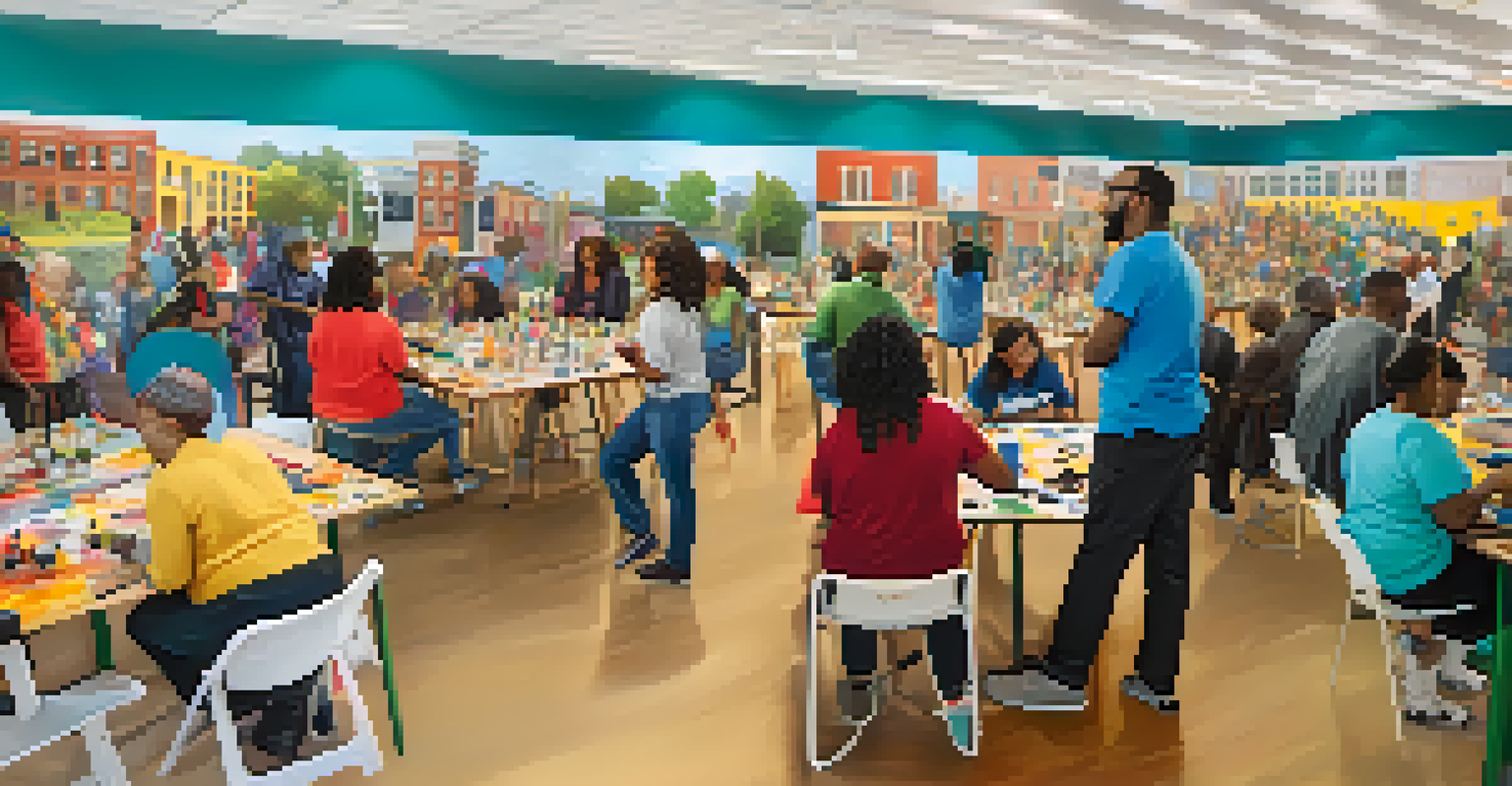 A community workshop in Detroit with diverse residents creating a mural together, surrounded by art supplies and vibrant colors.