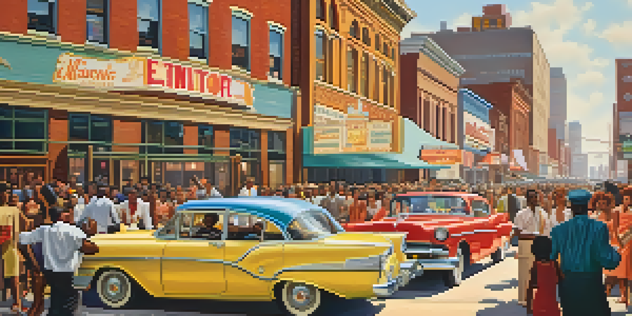 A lively street scene in Detroit in the 1950s, featuring Motown artists performing with vintage cars and enthusiastic crowds.