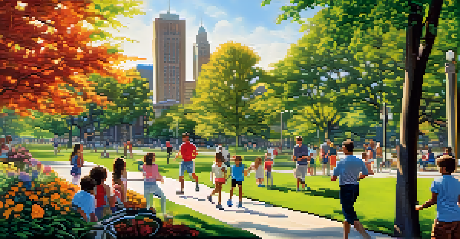 A lively urban park in Detroit with families, children playing, and artists painting, surrounded by greenery and colorful flowers under bright sunshine.