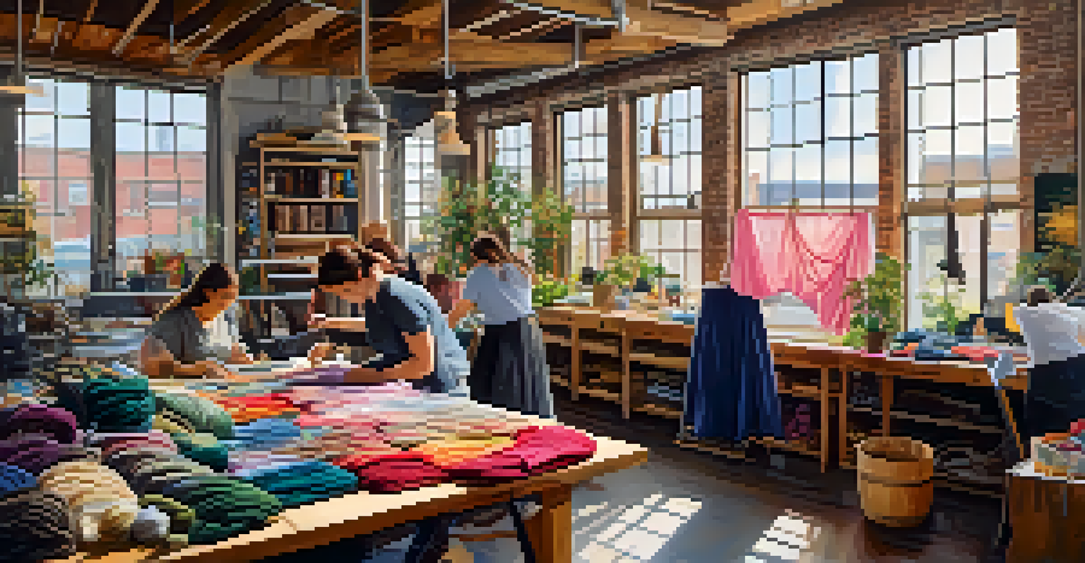 A workshop where local Detroit designers collaborate with artisans, featuring hands working on garments surrounded by fabrics and sewing machines.