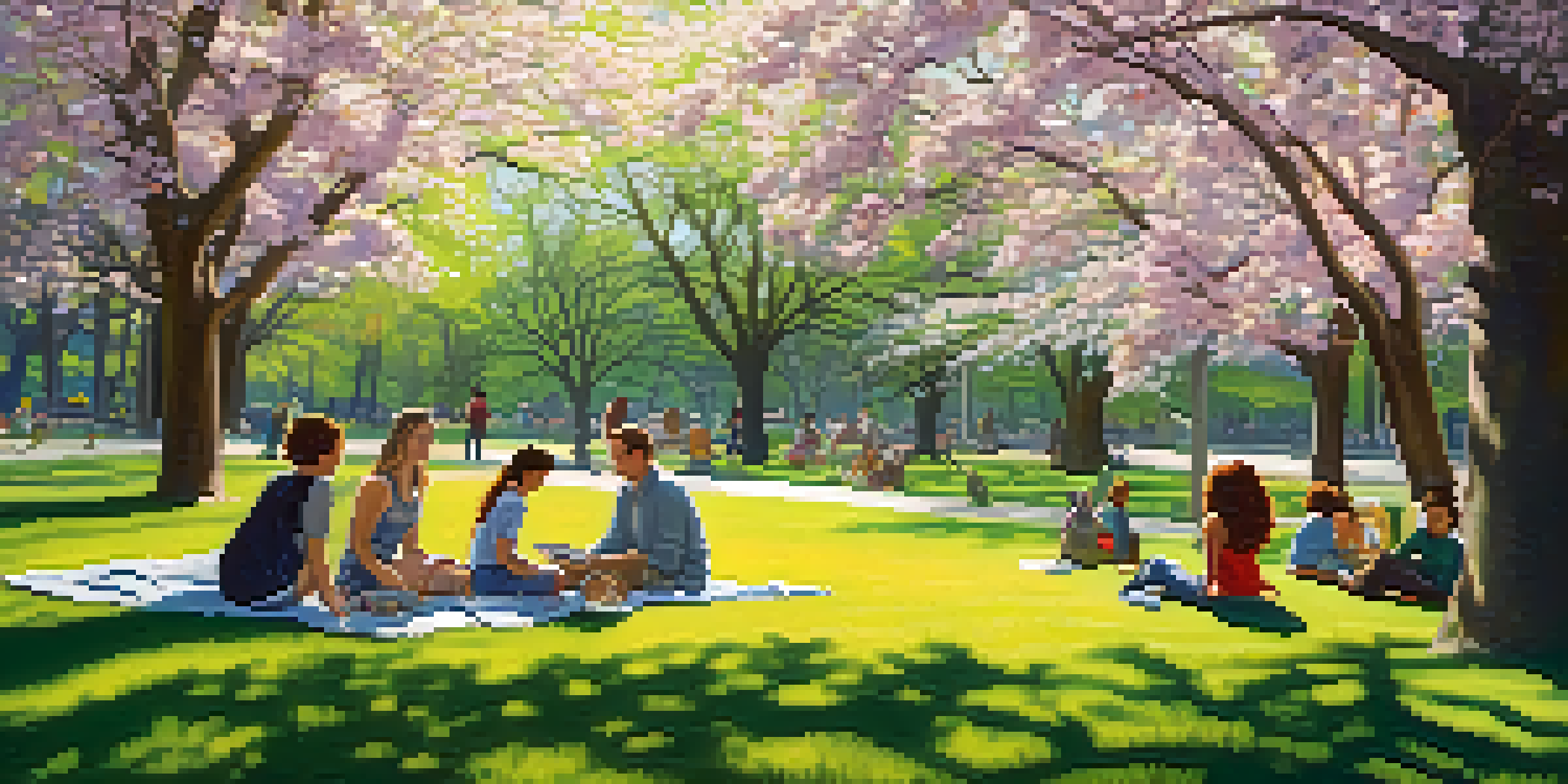 A diverse group of people enjoying a picnic in a Detroit park with blooming flowers and trees around them, while children play and a couple jogs nearby.