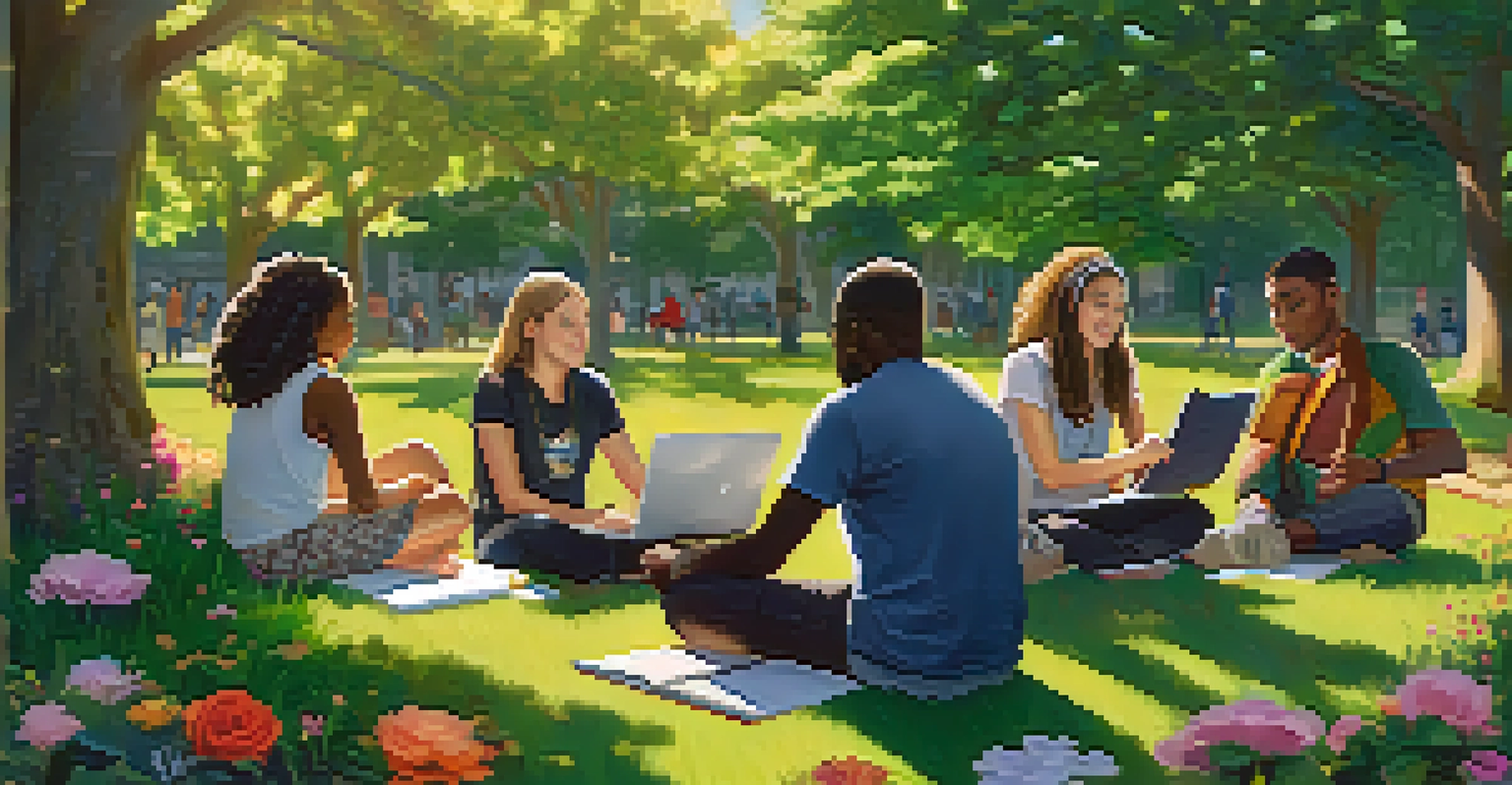 A diverse group of young people discussing in a park, surrounded by greenery and sunlight, with notebooks and laptops in front of them.