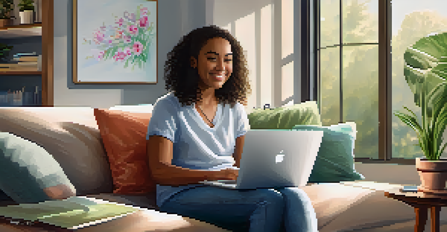 An individual engaged in a telehealth session at home, sitting on a couch with a laptop in a well-lit room.