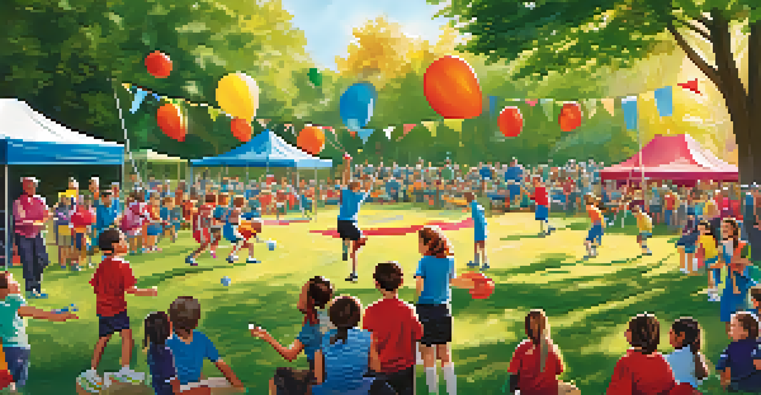 A community sports event in a park with children playing, families enjoying activities, and colorful banners promoting teamwork and sportsmanship.