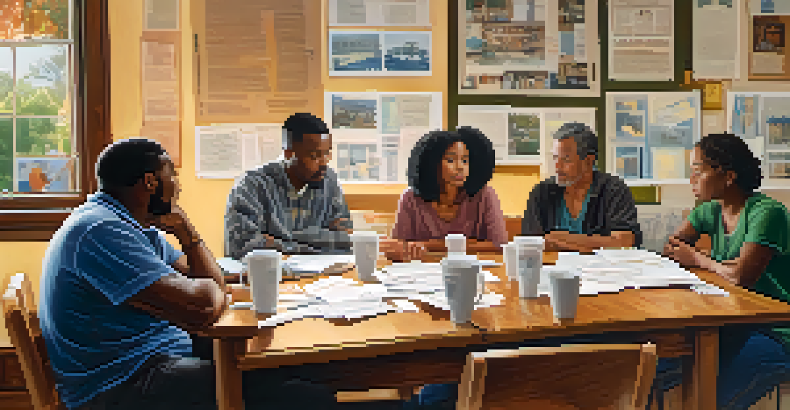 A group of community members in a meeting discussing housing issues, surrounded by a warm and inviting environment.