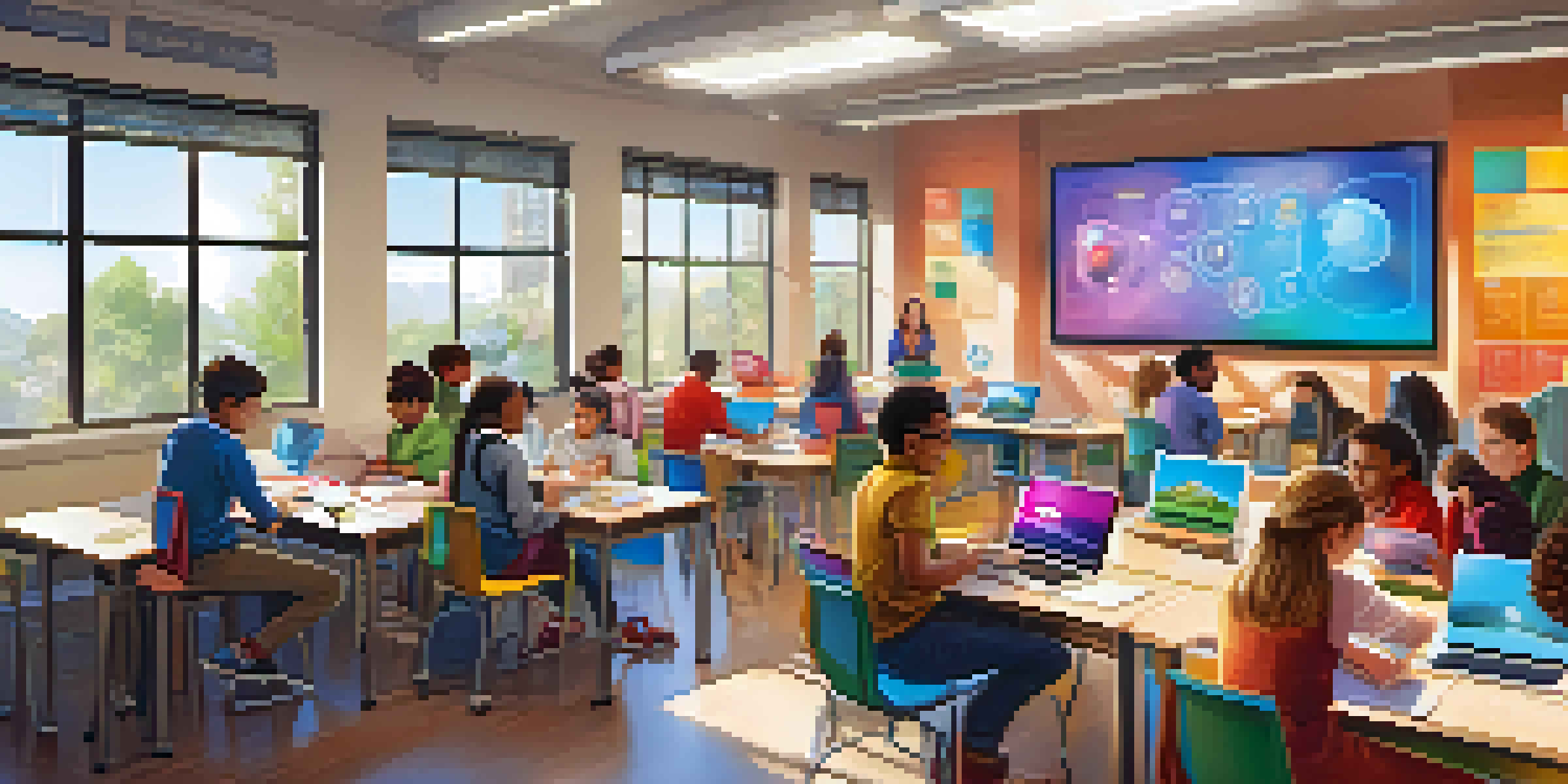 A lively classroom with students of various backgrounds using technology for learning, surrounded by colorful educational materials and natural light.