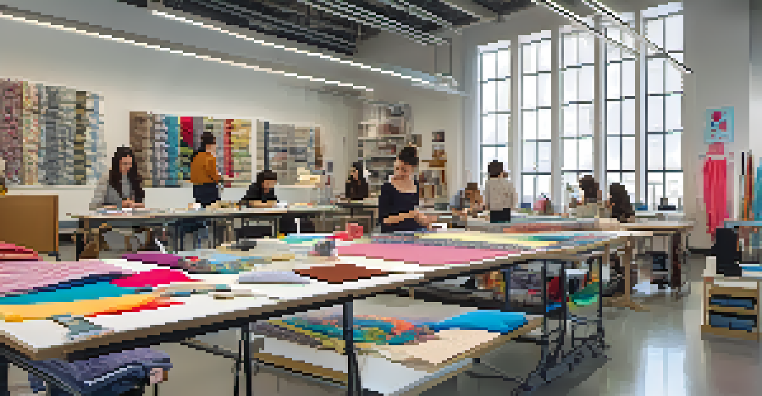 Students working in a fashion design classroom surrounded by fabrics and sewing machines, with bright natural light.