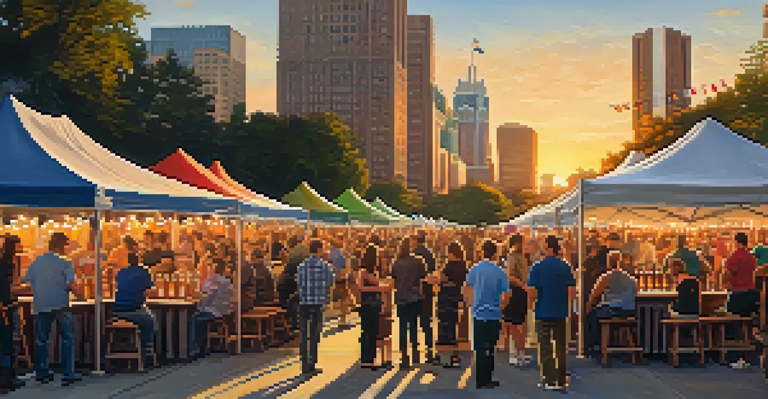 An outdoor beer festival in Detroit with people sampling craft beers, enjoying live music, and colorful booths.