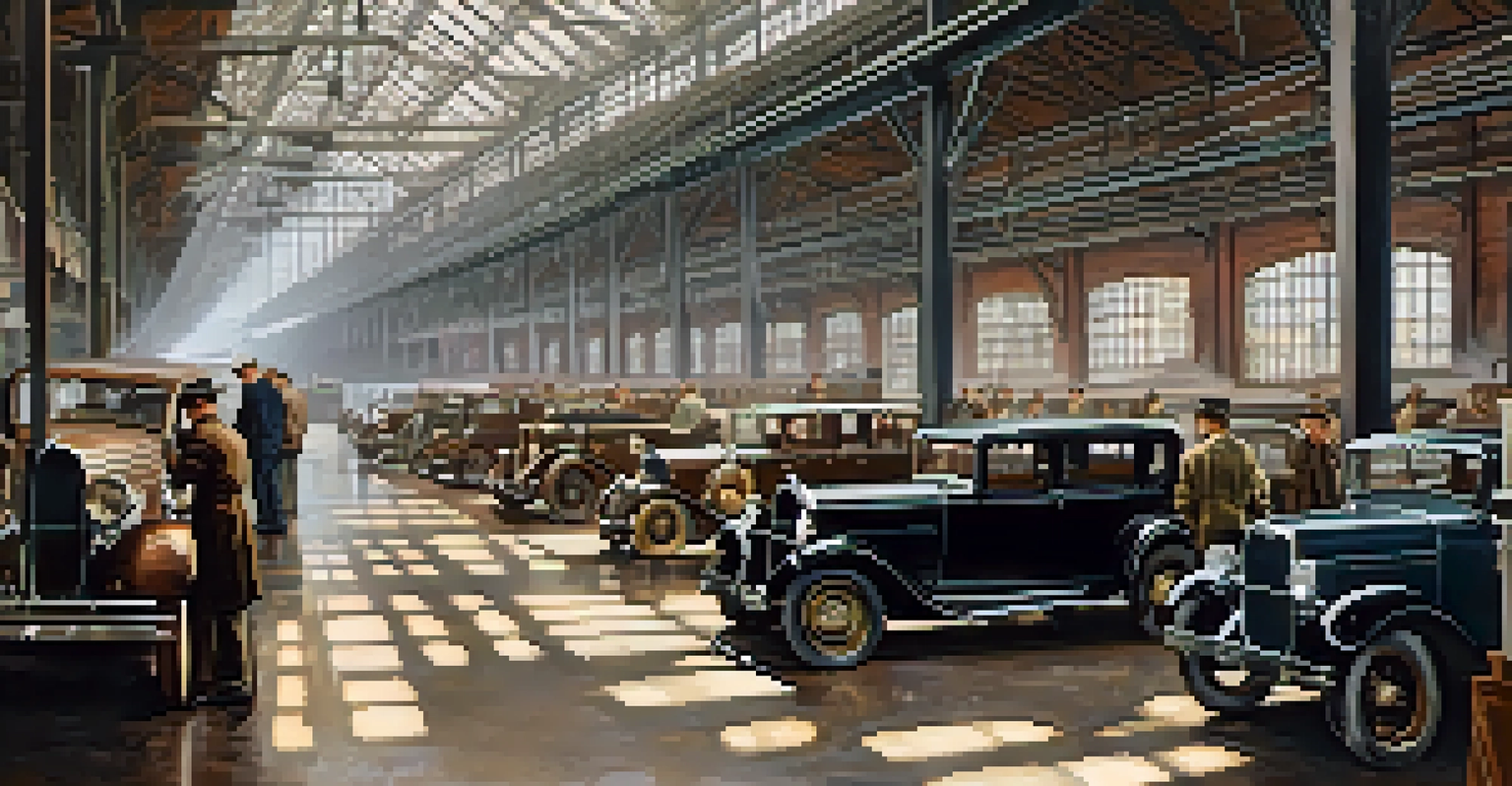 An early 20th-century industrial scene in Detroit, featuring a busy automobile assembly line with diverse workers and vintage cars.