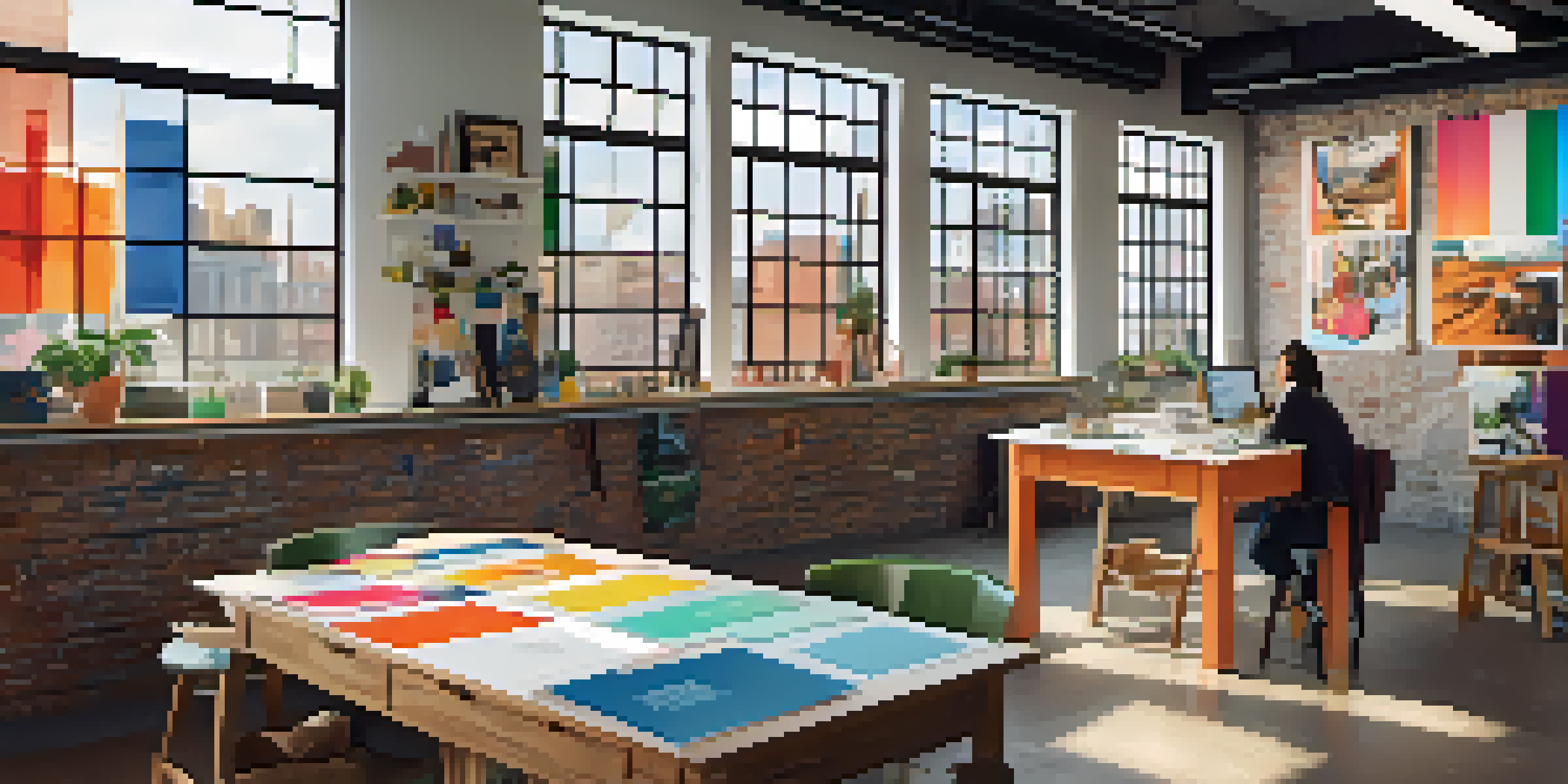 A diverse group of graphic designers working together in a bright studio filled with colorful design materials and posters.