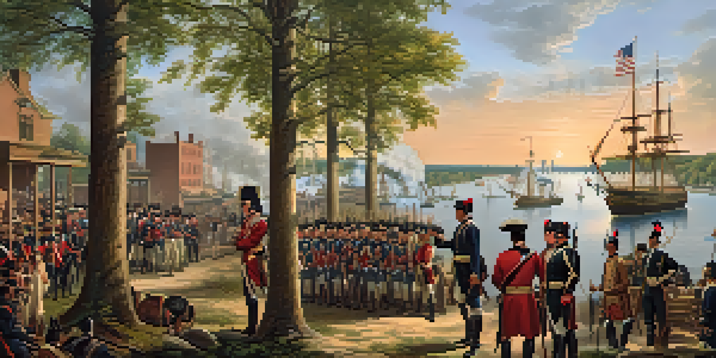 A historical depiction of Detroit during the War of 1812, with military forces, traders, and the Great Lakes in the background, under a warm sunset sky.