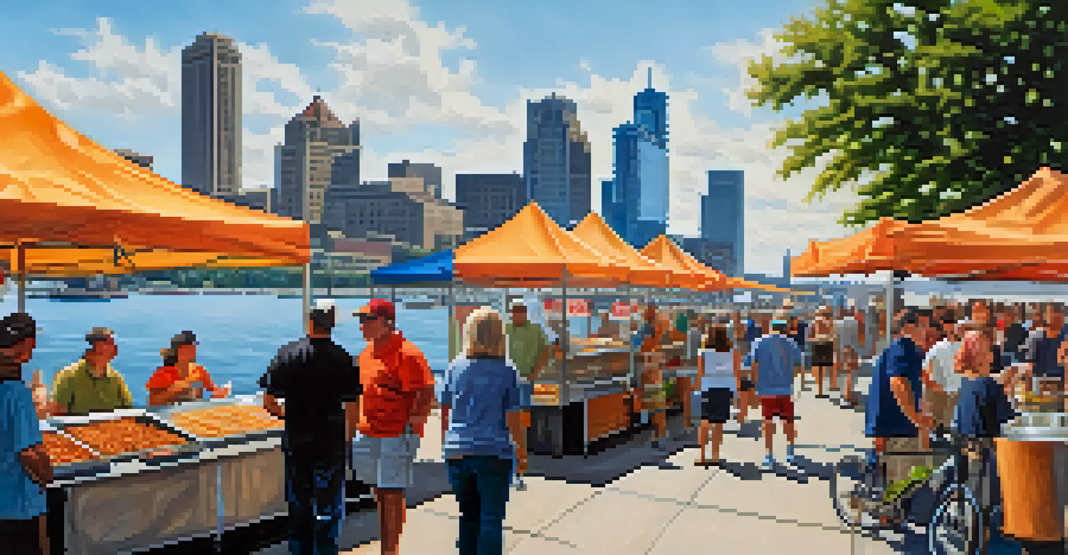 Food vendors along the Detroit River with people enjoying seafood and grilled dishes against a city skyline.