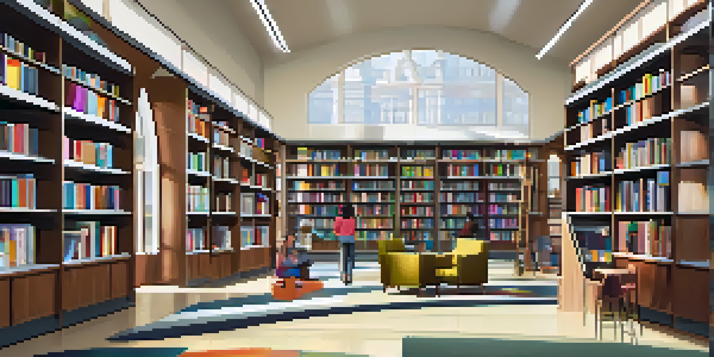 A modern library interior with natural light, colorful bookshelves, cozy reading nooks, and diverse patrons reading and studying.