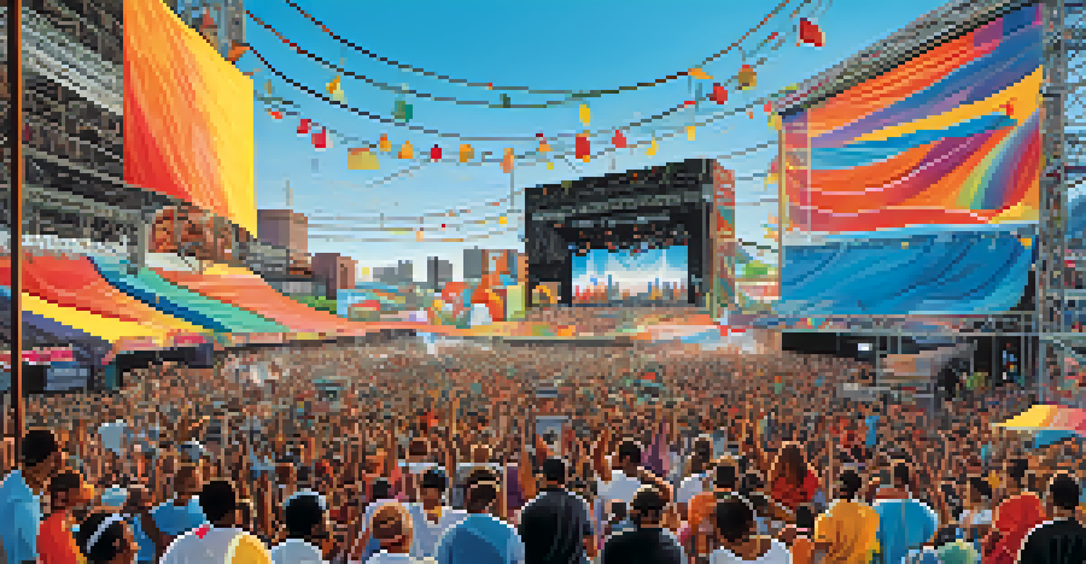 A large crowd at the Movement Festival in Detroit enjoying live electronic music under a blue sky, with colorful banners and a stage in the background.