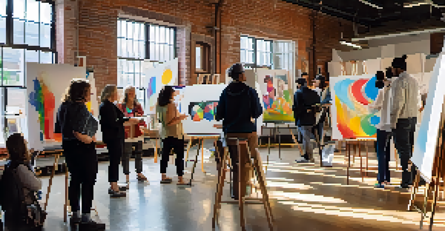 A vibrant community art workshop in a Detroit gallery, with local artists helping participants create their own artworks under bright sunlight.