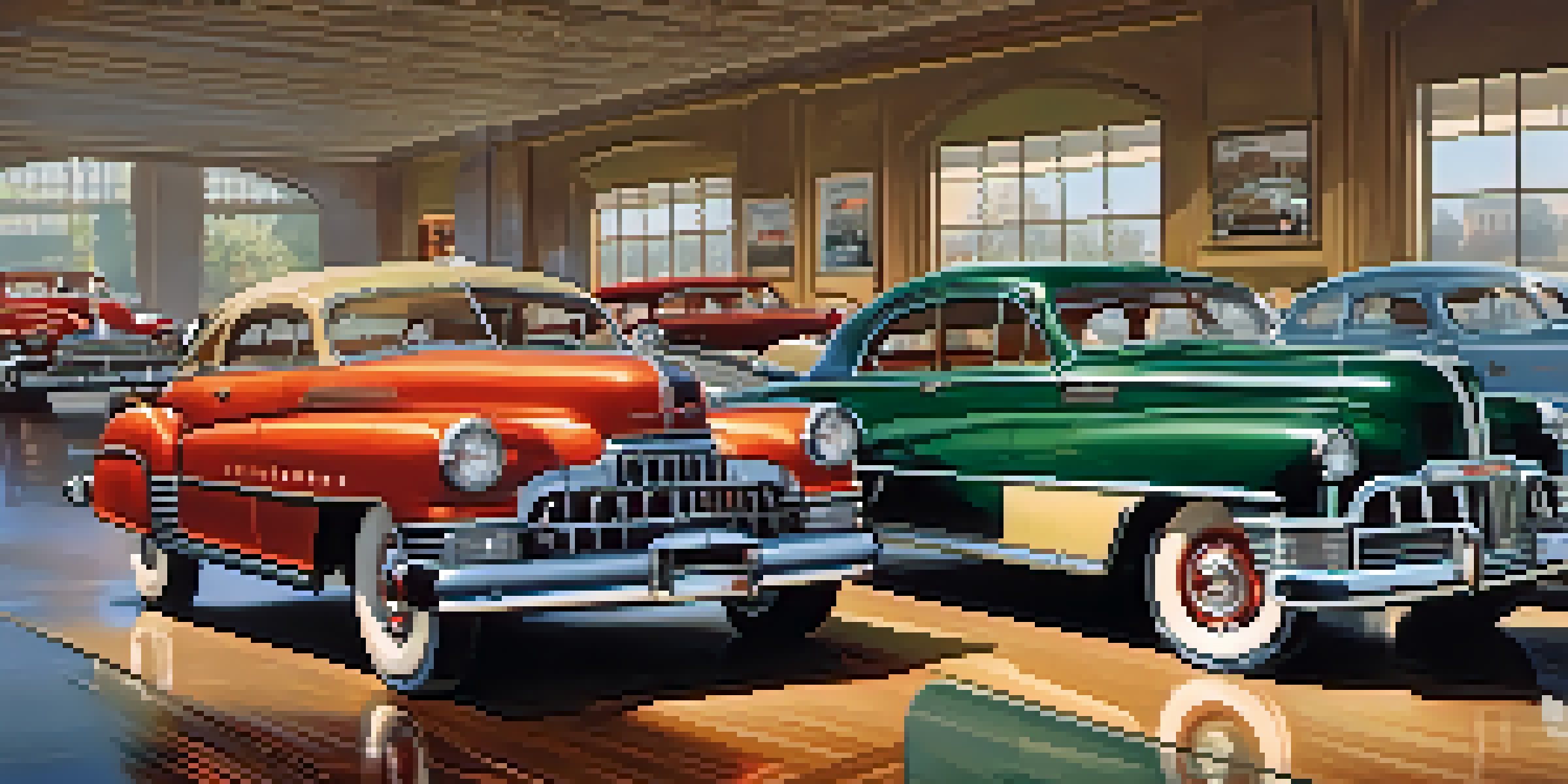 A vintage automotive showroom filled with classic cars from the 1920s to 1940s, featuring decor that reflects the elegance of that era.