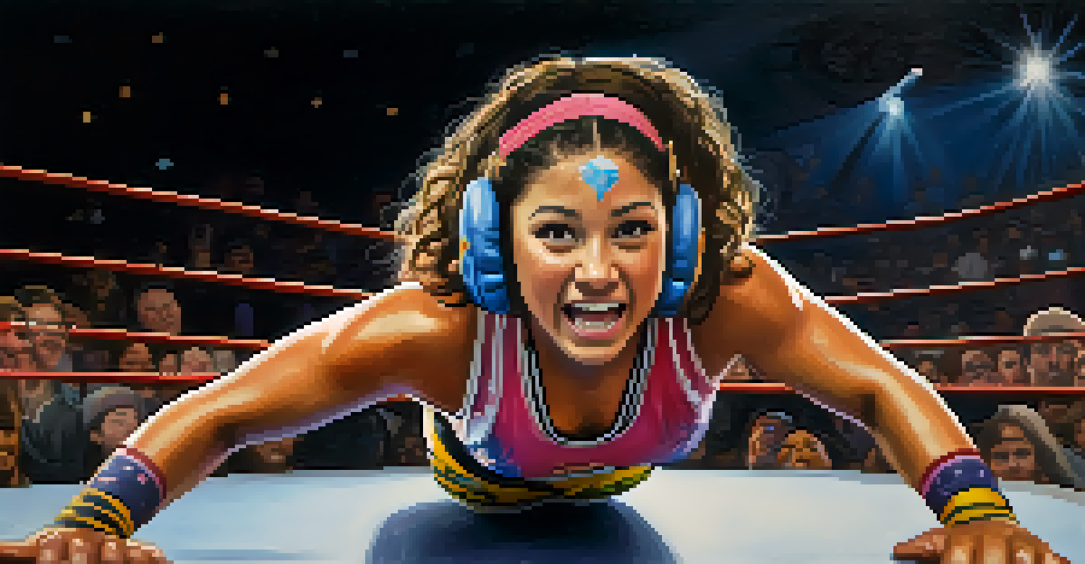 A determined young female wrestler in a modern wrestling ring in Detroit, with fans cheering in the background.