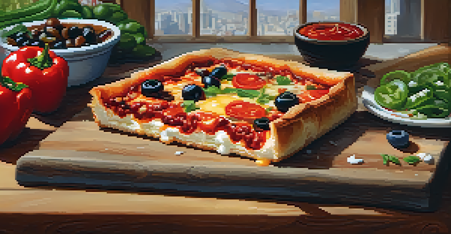 A close-up of a Detroit-style pizza with a thick crust and colorful toppings, beautifully presented on a rustic wooden table.