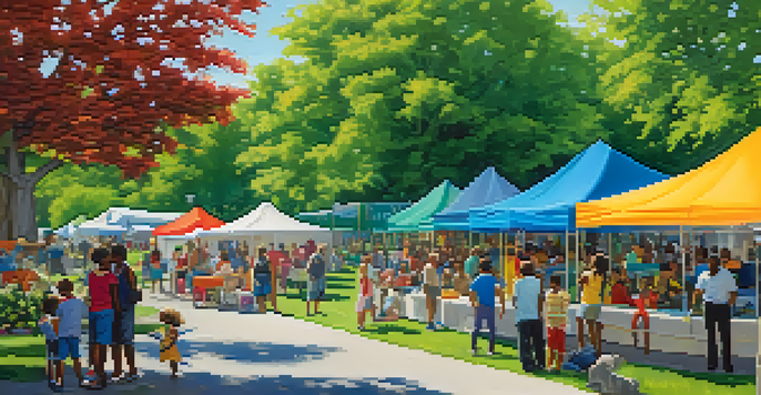 A lively community event in a Detroit park with families, vendors, and children playing under a sunny sky.